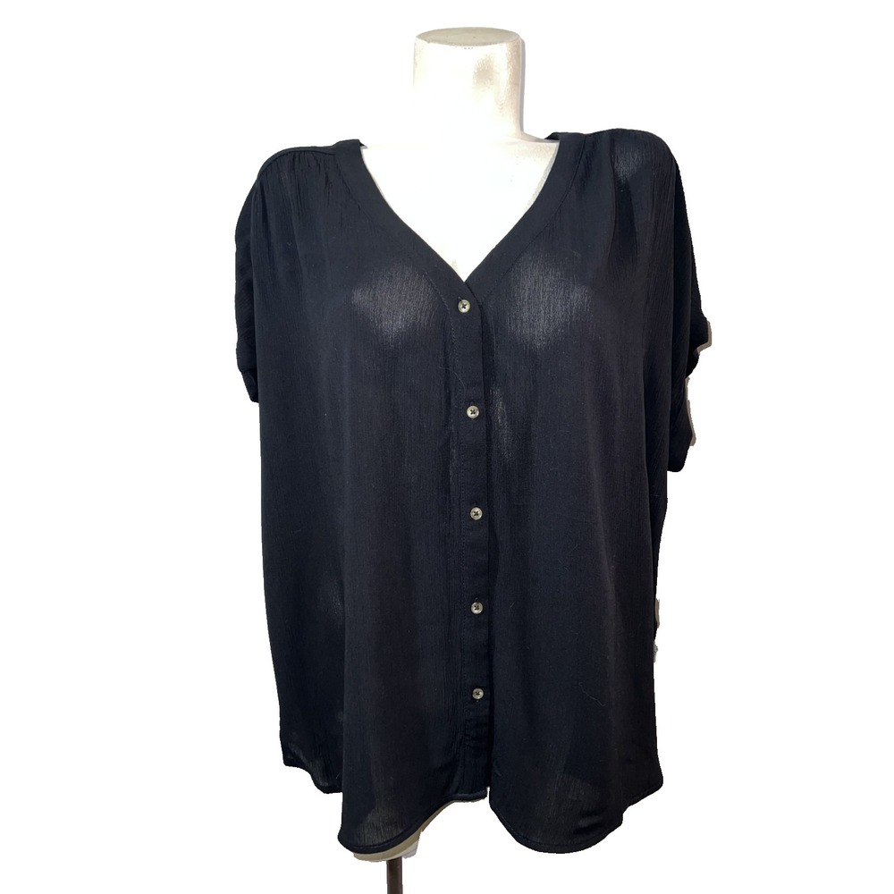 Orvis Womens XXL Black Rayon V-Neck Button Down Short Sleeve Blouse NWT